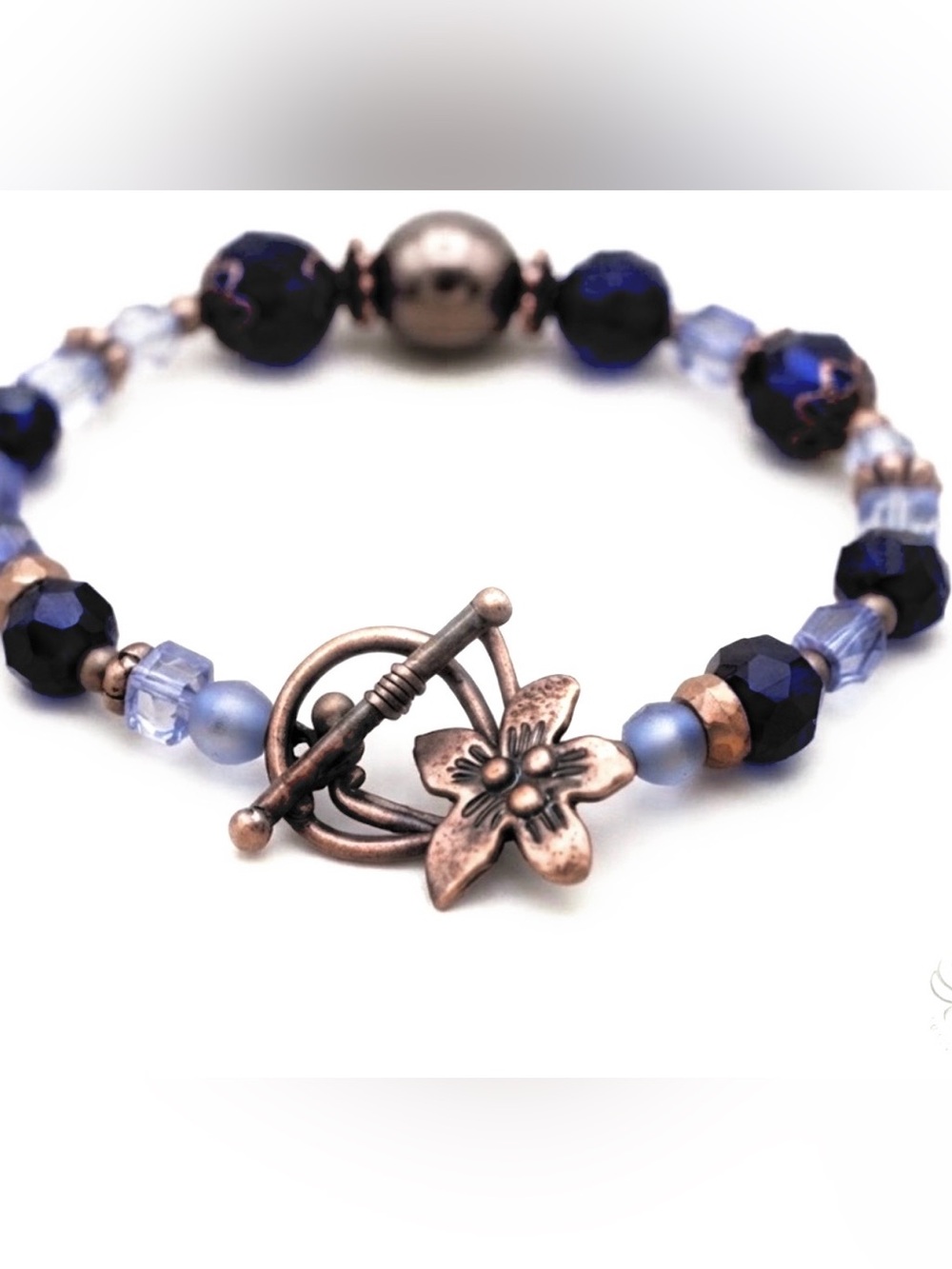 Handmade Blue Beaded Bracelet with Flower Toggle - Women Jewelry